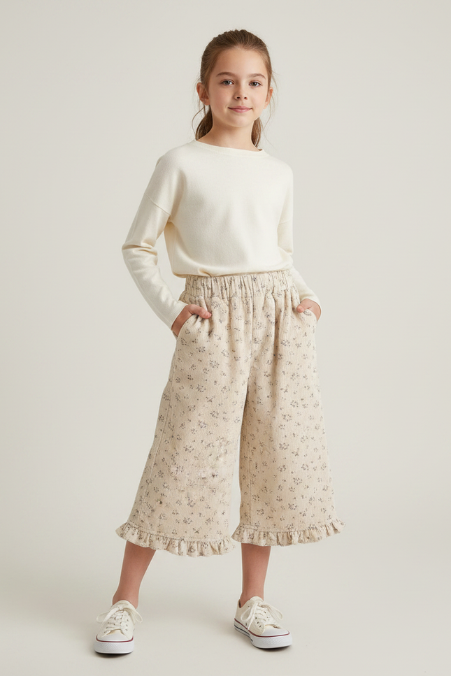 Pantalon Jupe Beige Côtelé Floral Volants Ample Enfant - Cordé