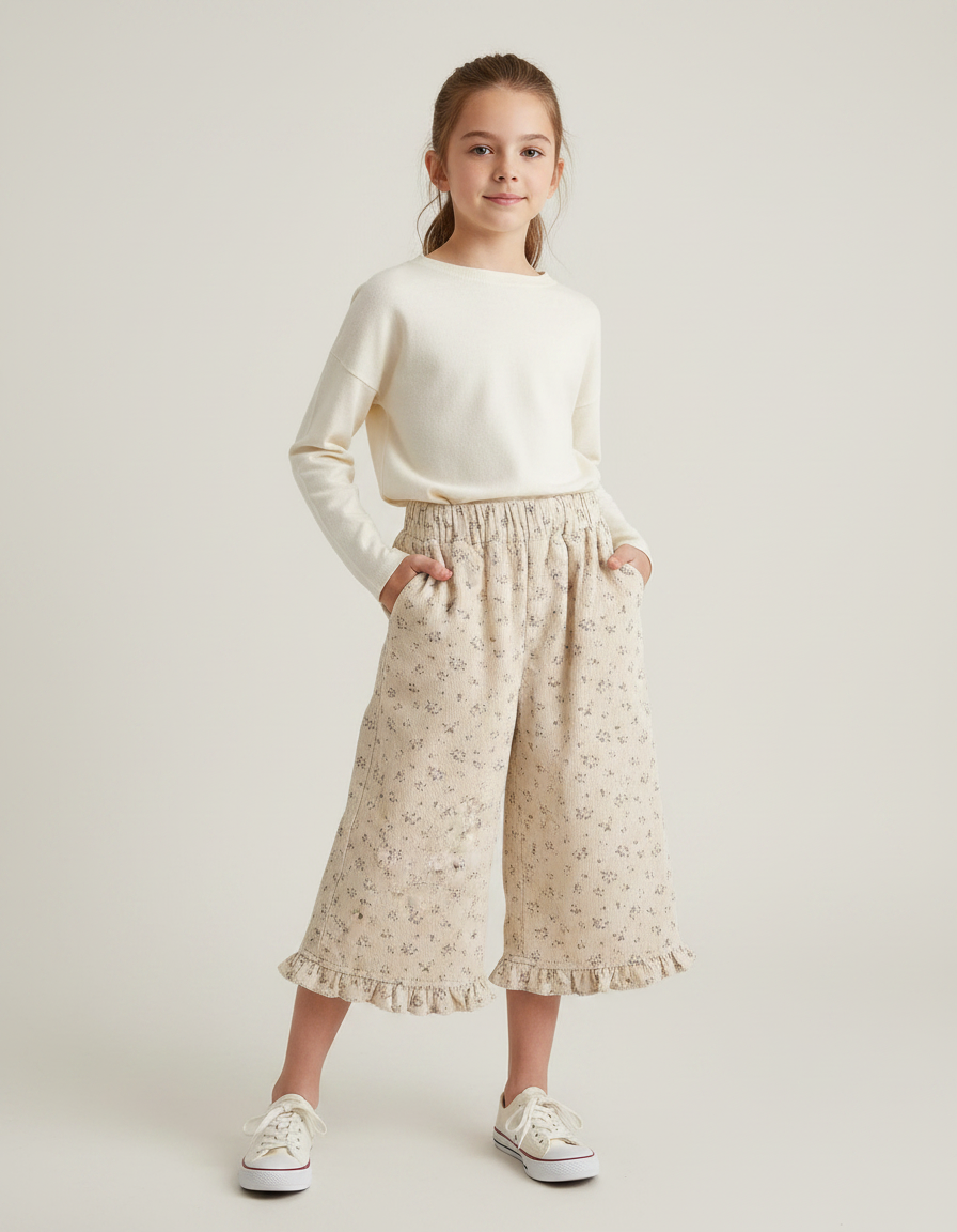 Pantalon Jupe Beige Côtelé Floral Volants Ample Enfant - Cordé