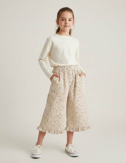 Pantalon Jupe Beige Côtelé Floral Volants Ample Enfant - Cordé