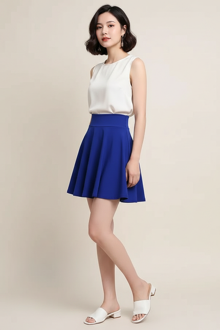 Pantalon Jupe Bleu Évasé Fluide Court Élégant - Polyester