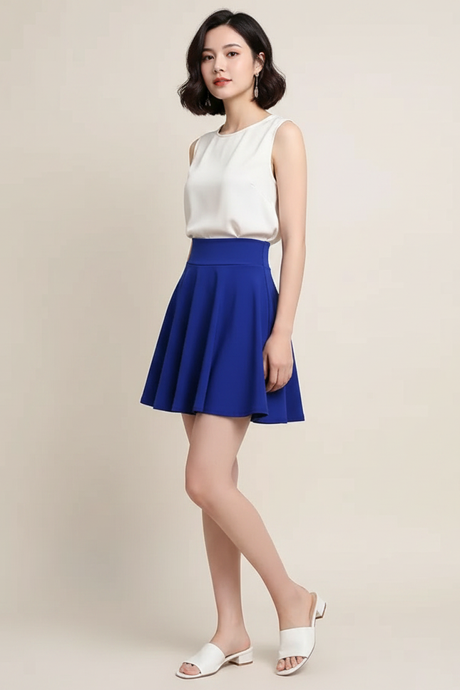 Pantalon Jupe Bleu Évasé Fluide Court Élégant - Polyester