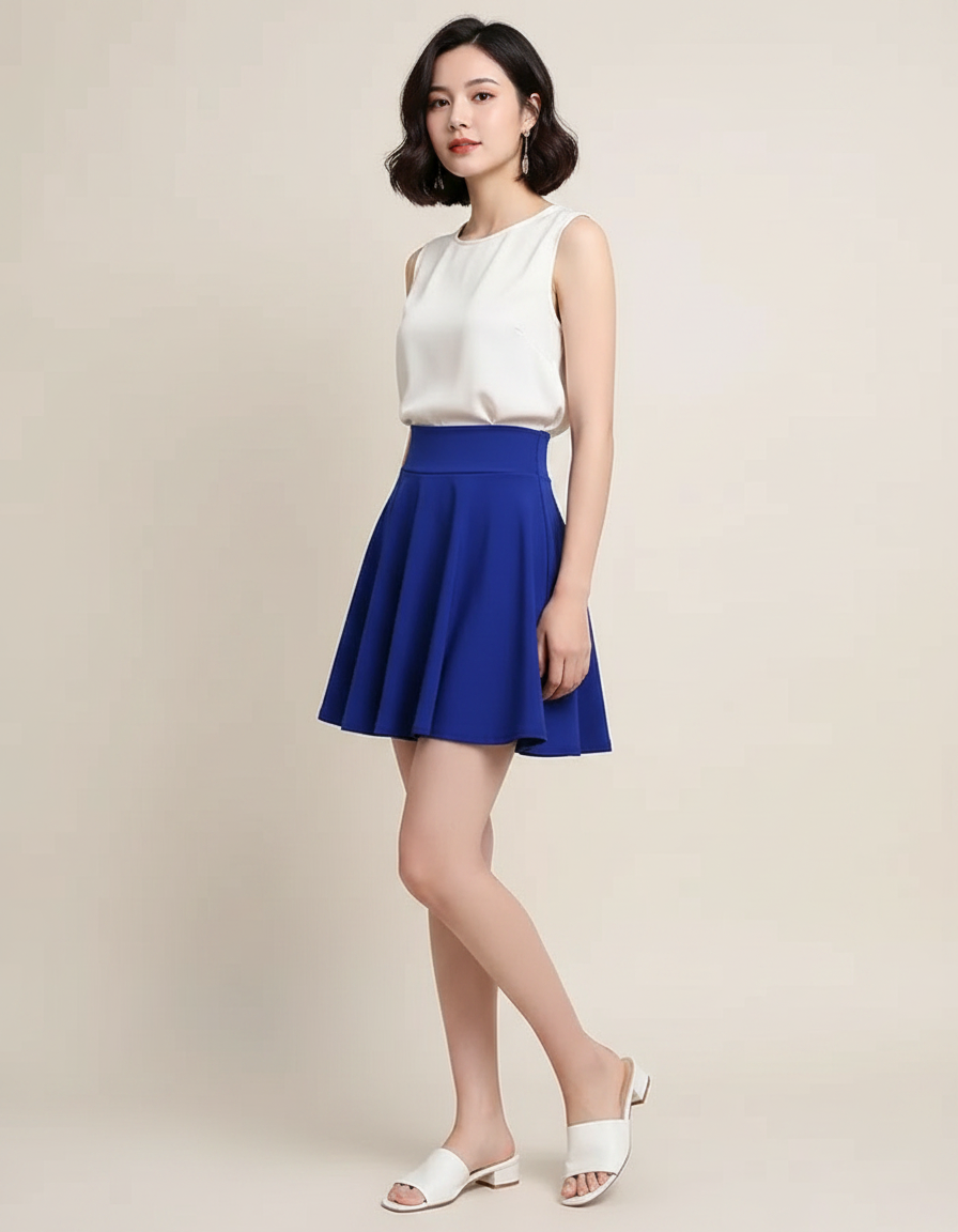 Pantalon Jupe Bleu Évasé Fluide Court Élégant - Polyester