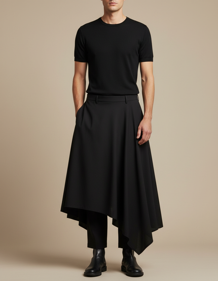 Pantalon Jupe Noir Asymétrique Fluide Élégant Homme - Polyester