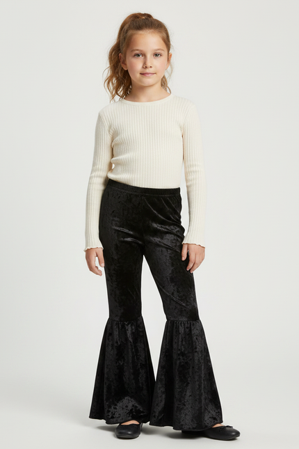 Pantalon Jupe Noir Velours Évasé Volants Fille
