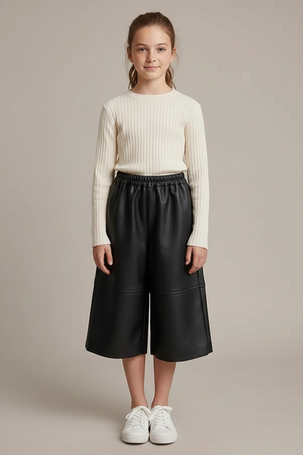 Pantalon Jupe Noir Cuir Ample Élastique Fille - Simili cuir