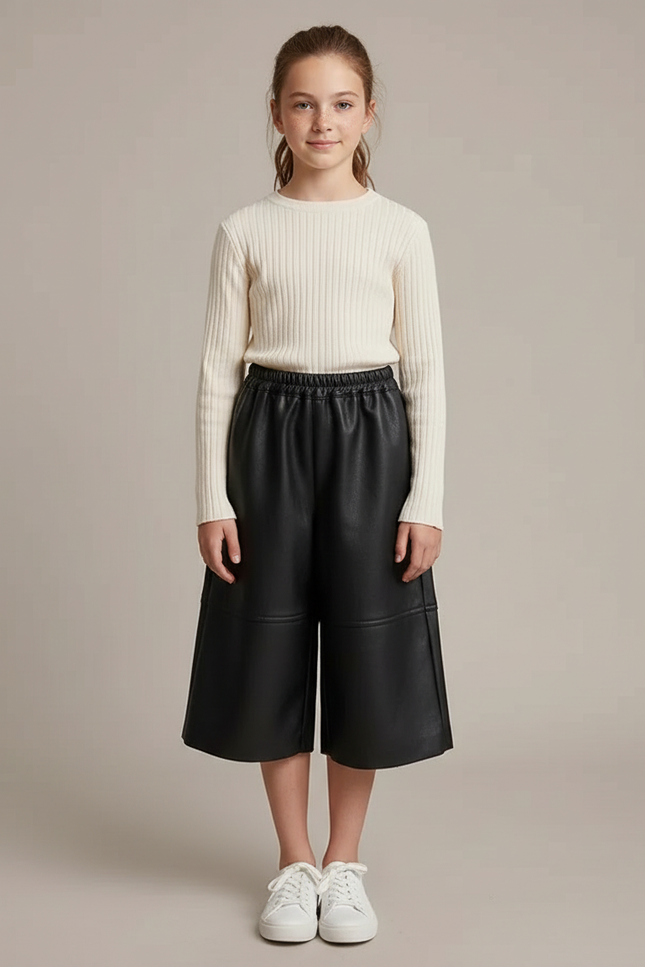 Pantalon Jupe Noir Cuir Ample Élastique Fille - Simili cuir