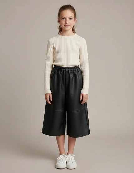 Pantalon Jupe Noir Cuir Ample Élastique Fille - Simili cuir