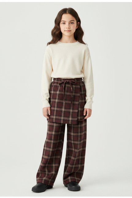 Pantalon Jupe Plaid Marron Ample Superposé Fille - Bordeaux Laine