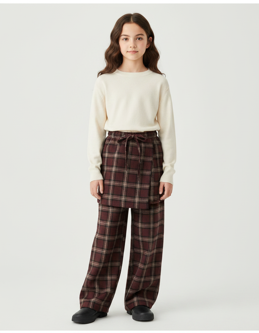Pantalon Jupe Plaid Marron Ample Superposé Fille - Bordeaux Laine