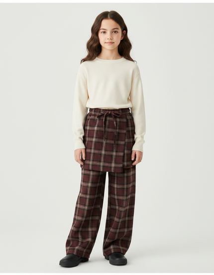 Pantalon Jupe Plaid Marron Ample Superposé Fille - Bordeaux Laine