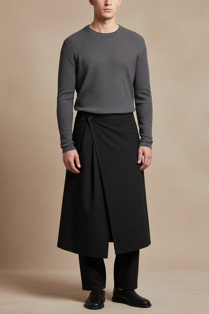 Pantalon Jupe Plissée - Noir Polyester