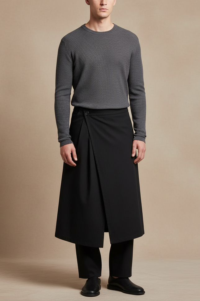 Pantalon Jupe Plissée - Noir Polyester