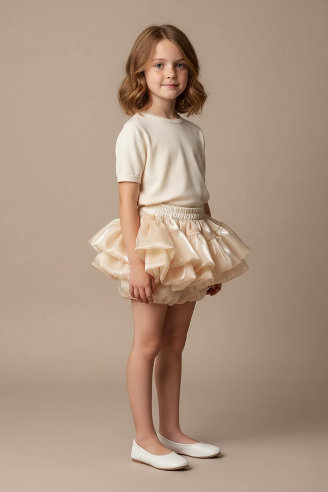 Pantalon Jupe Beige Satiné Volants Bouffant Court