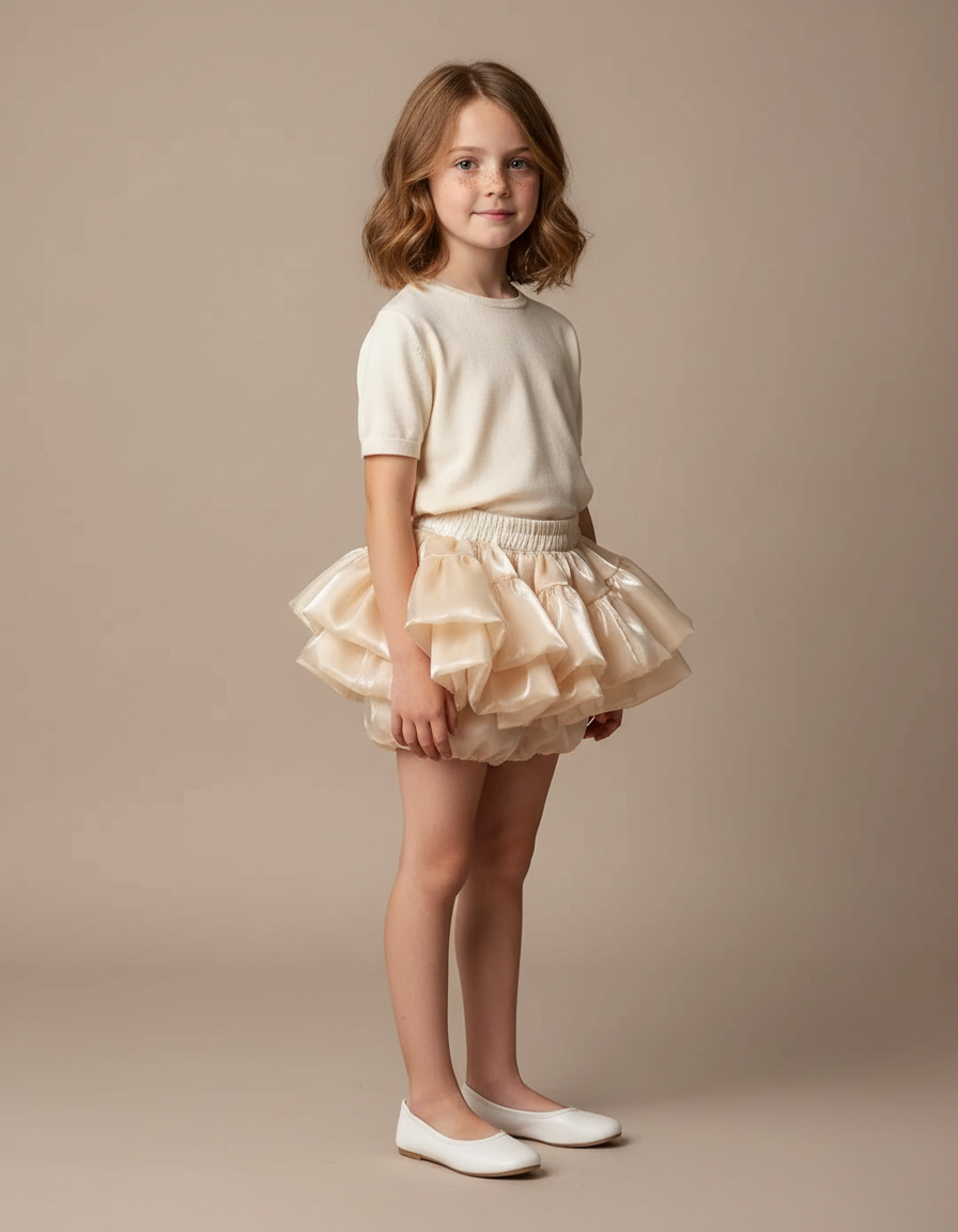 Pantalon Jupe Beige Satiné Volants Bouffant Court
