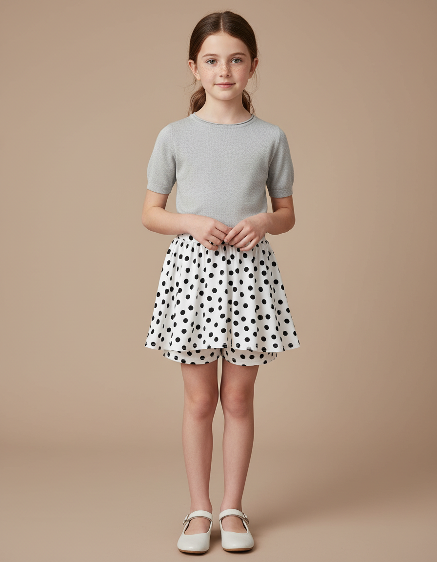 Pantalon Jupe Blanc Pois Noirs Superposés Fille - Coton