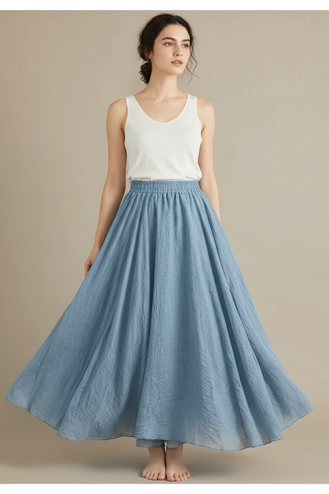 Pantalon Jupe Bleu Ciel Ample Fluide Coton Lin