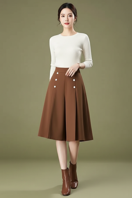 Pantalon Jupe Marron Plissé Boutons Élégant Décontracté - Polyester
