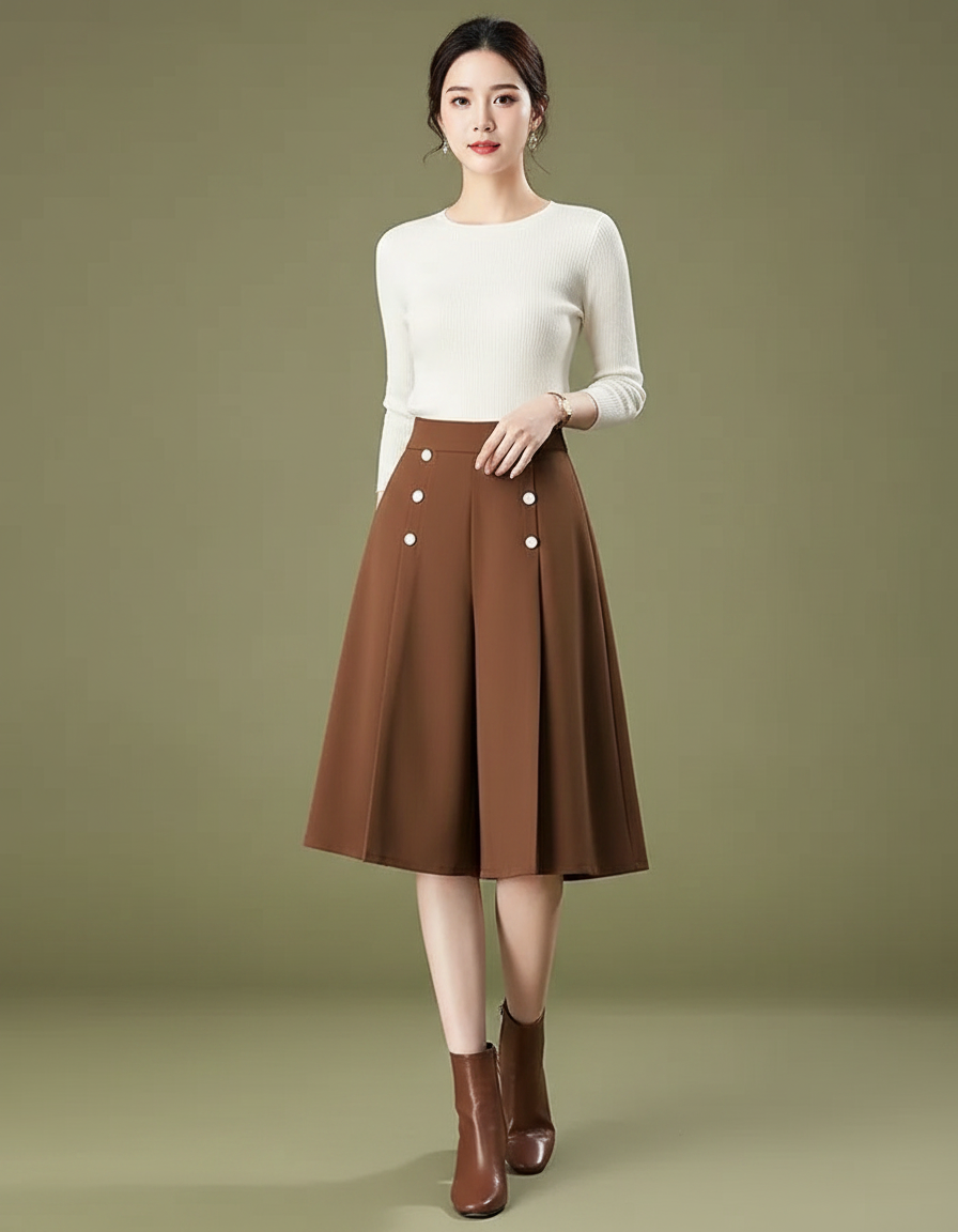 Pantalon Jupe Marron Plissé Boutons Élégant Décontracté - Polyester