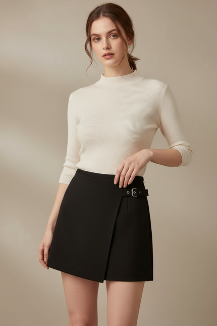 Pantalon Jupe Noir Ceinture Boucle Taille Haute - Polyester