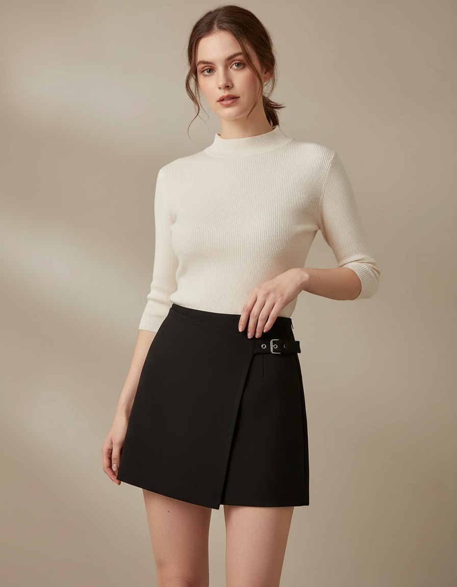 Pantalon Jupe Noir Ceinture Boucle Taille Haute - Polyester