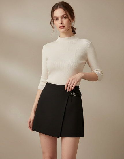 Pantalon Jupe Noir Ceinture Boucle Taille Haute - Polyester