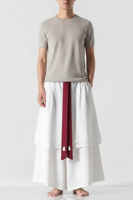 Pantalon Jupe Blanc Ample Brodé Hanfu Long - Viscose