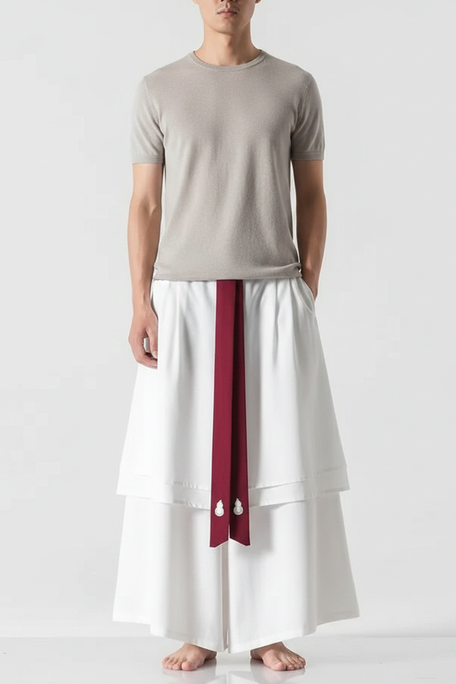 Pantalon Jupe Blanc Ample Brodé Hanfu Long - Viscose