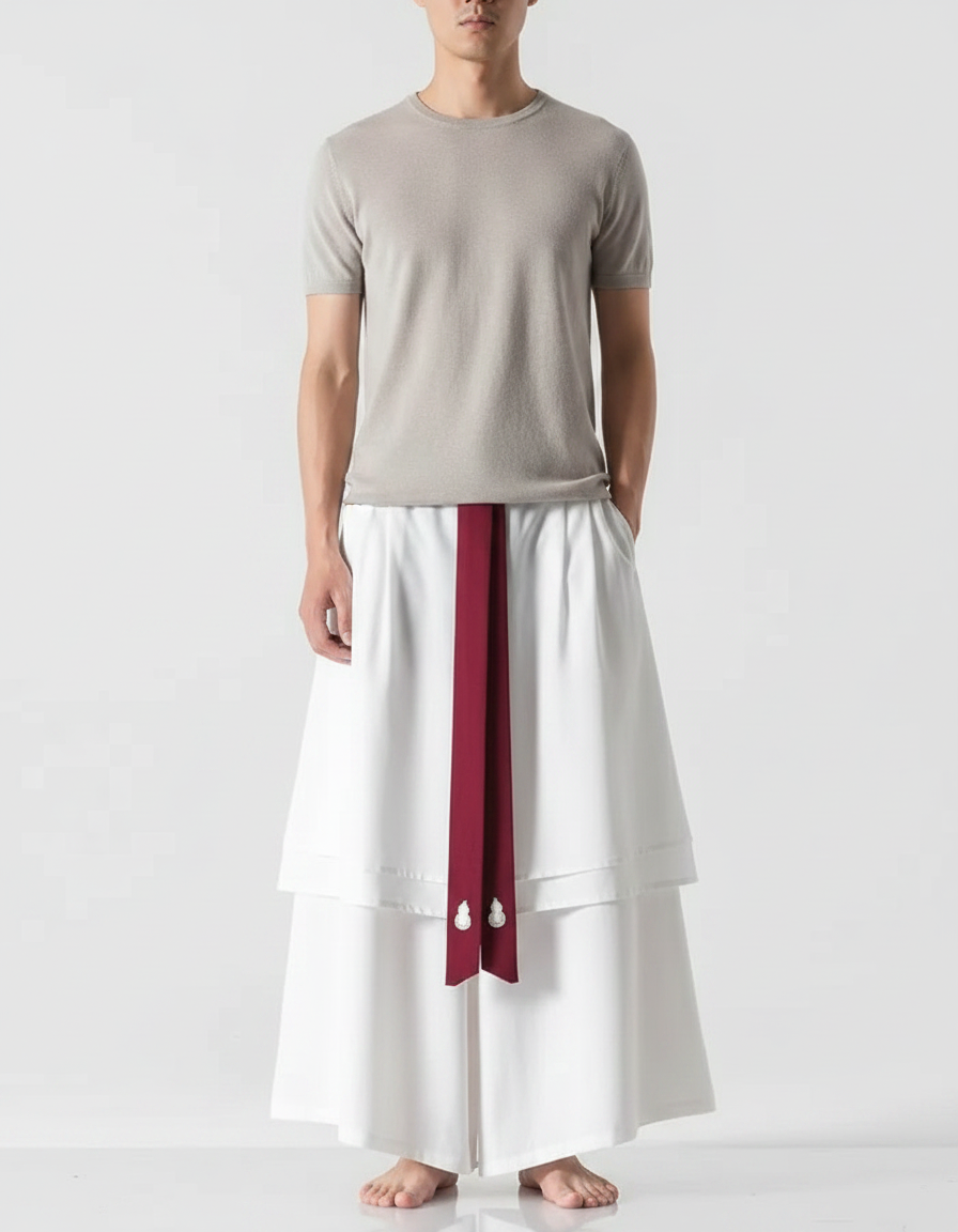 Pantalon Jupe Blanc Ample Brodé Hanfu Long - Viscose