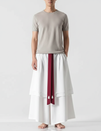 Pantalon Jupe Blanc Ample Brodé Hanfu Long - Viscose