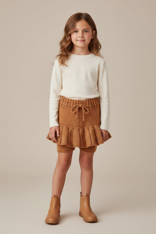 Pantalon Jupe Marron Tricoté Plissé Fille Vintage - Maille