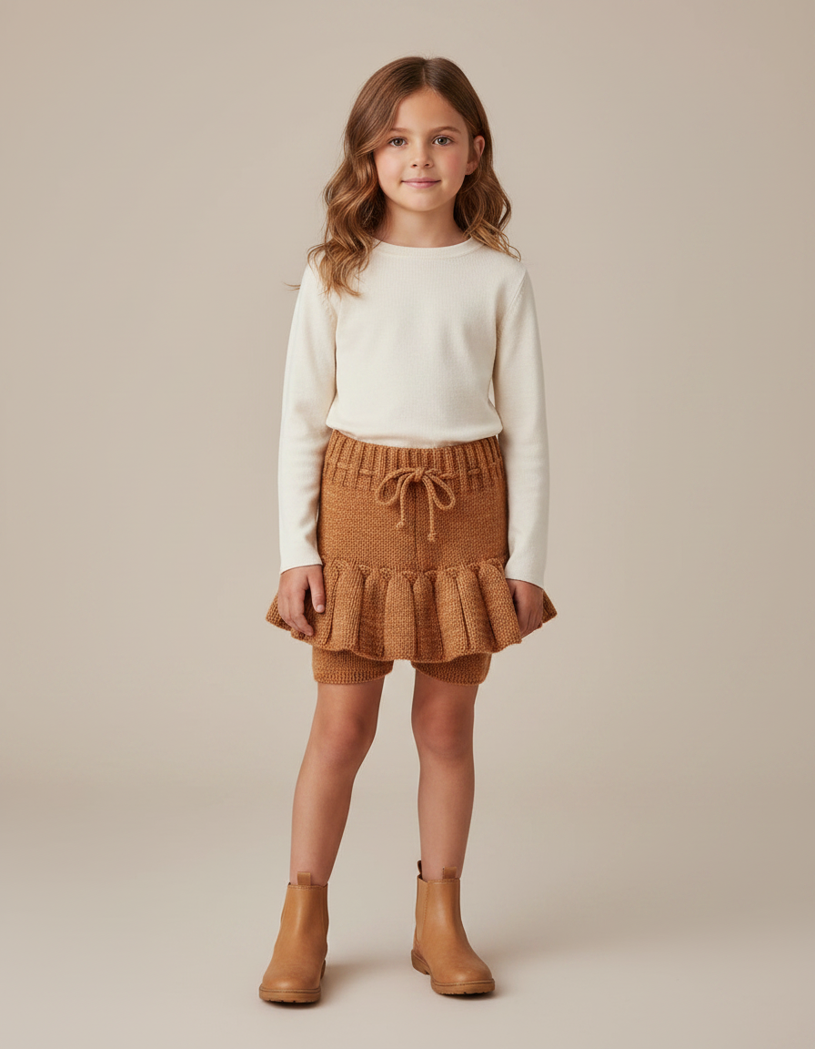 Pantalon Jupe Marron Tricoté Plissé Fille Vintage - Maille