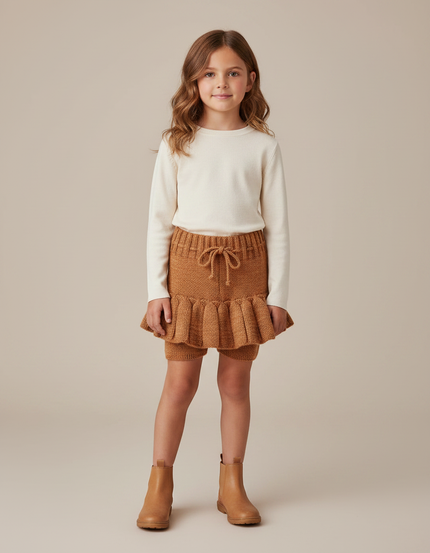 Pantalon Jupe Marron Tricoté Plissé Fille Vintage - Maille