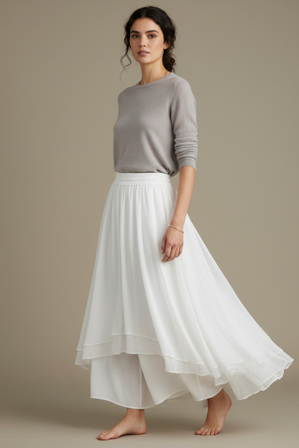 Pantalon Jupe Blanc Fluide Superposé Élégant Femme - Polyester