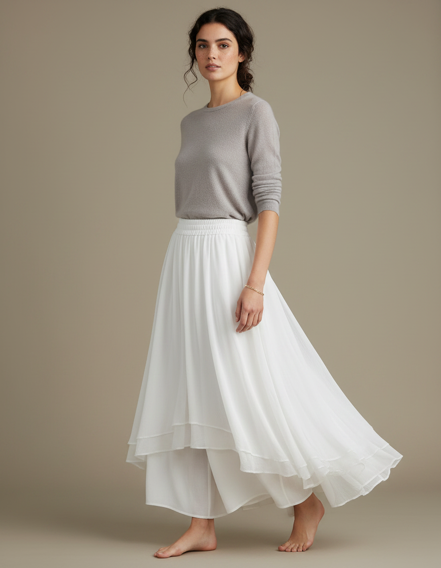 Pantalon Jupe Blanc Fluide Superposé Élégant Femme - Polyester
