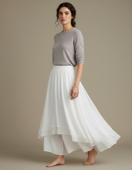 Pantalon Jupe Blanc Fluide Superposé Élégant Femme - Polyester