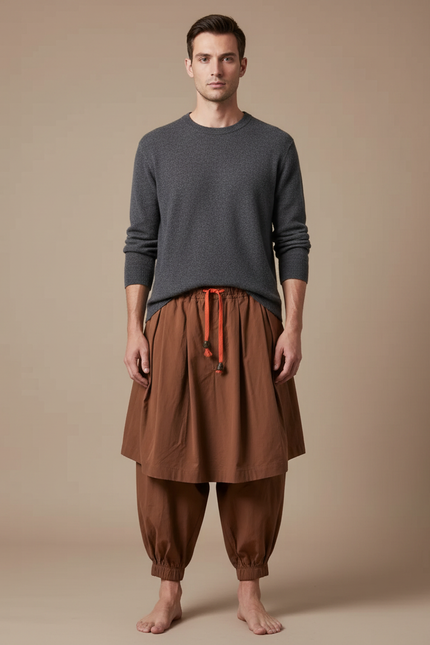 Pantalon Jupe Marron Ample Coton Décontracté Homme