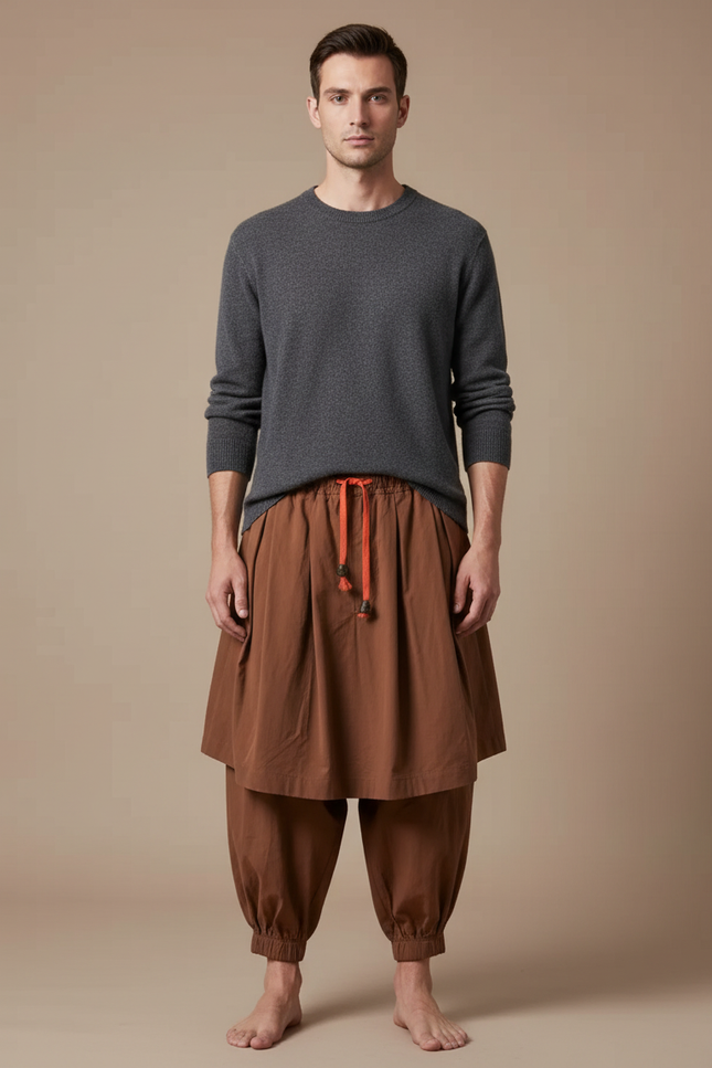 Pantalon Jupe Marron Ample Coton Décontracté Homme