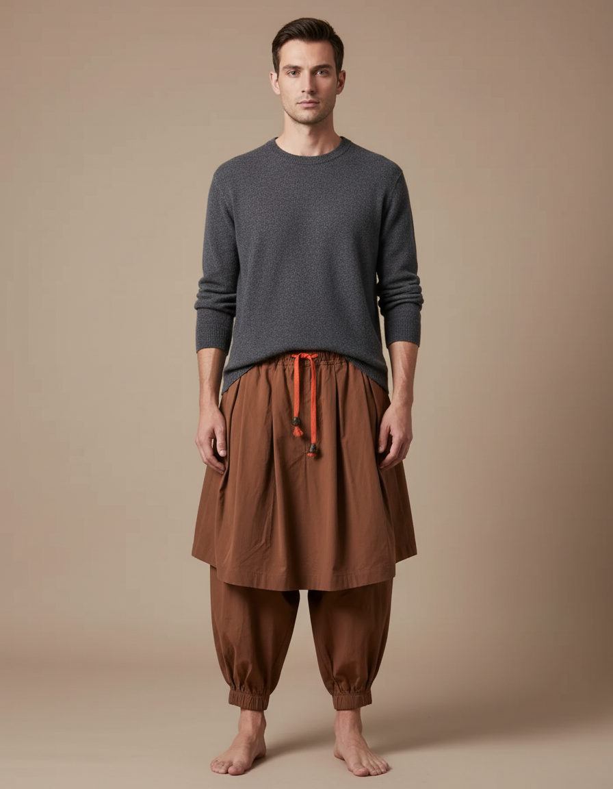 Pantalon Jupe Marron Ample Coton Décontracté Homme