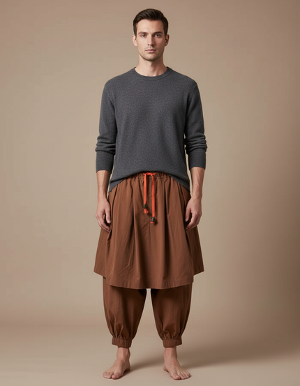 Pantalon Jupe Marron Ample Coton Décontracté Homme