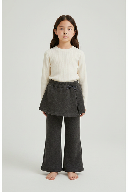 Pantalon Jupe Gris Molletonné Superposé Évasé Fille