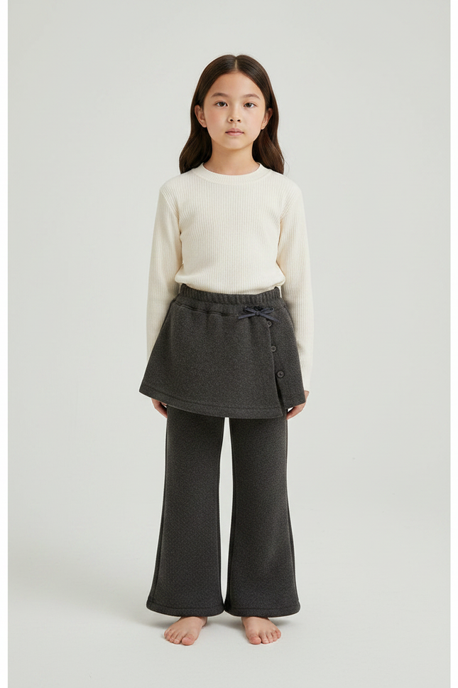 Pantalon Jupe Gris Molletonné Superposé Évasé Fille