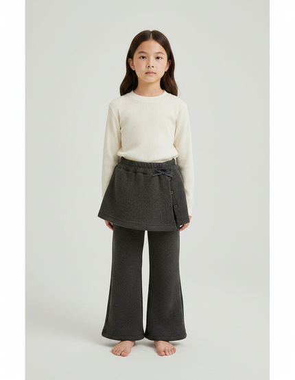 Pantalon Jupe Gris Molletonné Superposé Évasé Fille