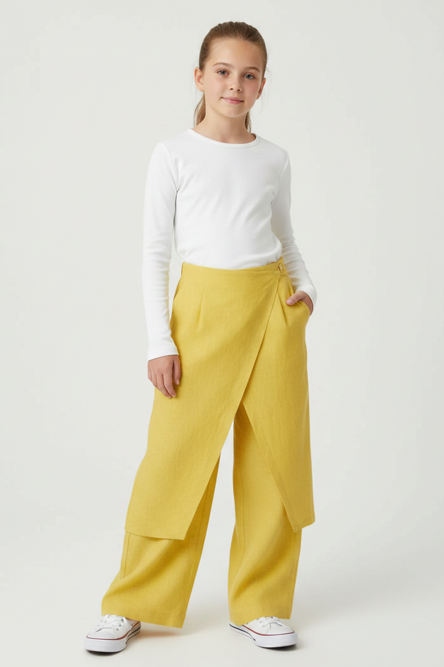 Pantalon Jupe Jaune Lin Ample Superposé Fille