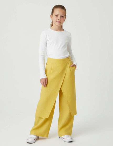 Pantalon Jupe Jaune Lin Ample Superposé Fille