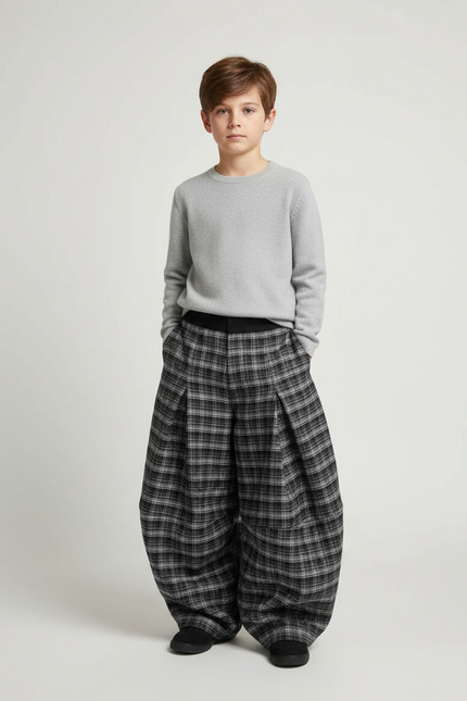 Pantalon Jupe Plaid Ample Épais Garçon - Gris Tweed