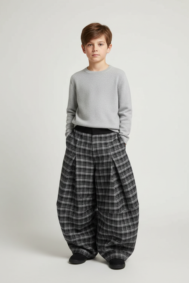 Pantalon Jupe Plaid Ample Épais Garçon - Gris Tweed