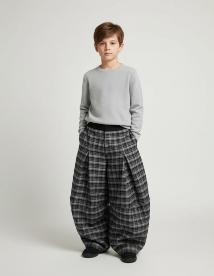 Pantalon Jupe Plaid Ample Épais Garçon - Gris Tweed