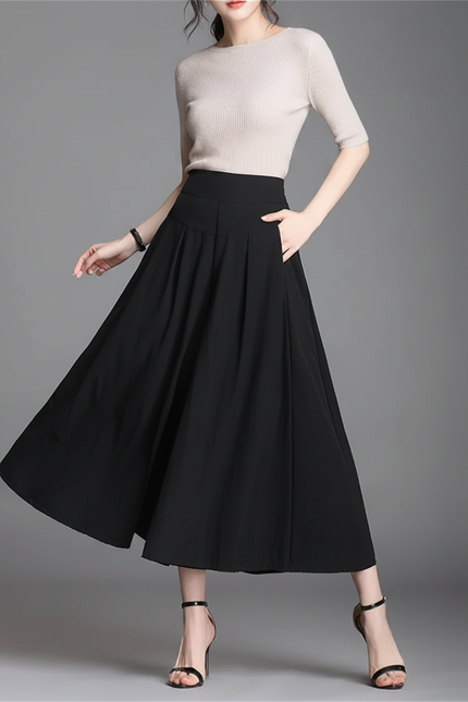 Pantalon Jupe Noir Plissé Ample Élégant Femme - Polyester