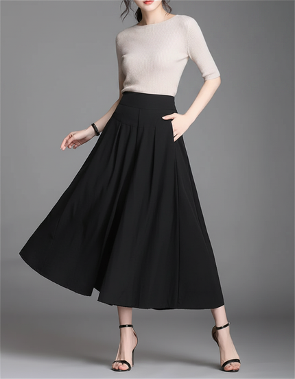 Pantalon Jupe Noir Plissé Ample Élégant Femme - Polyester