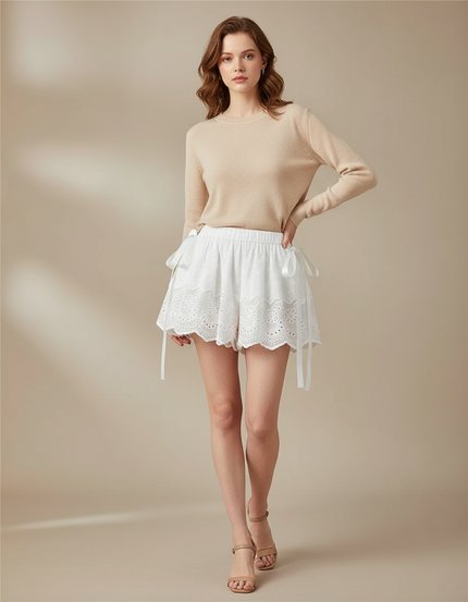 Pantalon Jupe Blanc Brodé Volants Esthétique Court - Coton